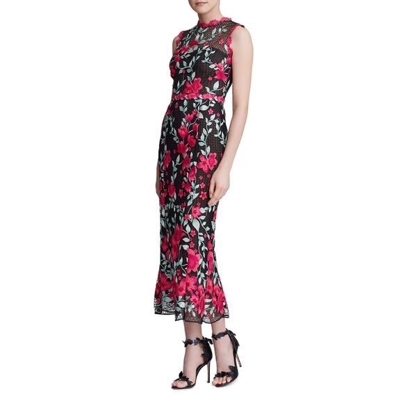 Marchesa Black Pink Floral Column Dress Embroidered Back Zip Sleeveless Sz 0 - Picture 3 of 12